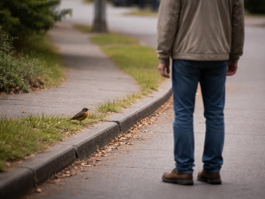 Person observing a wild bird from several feet away on a quiet sidewalk, assessing its condition calmly.
