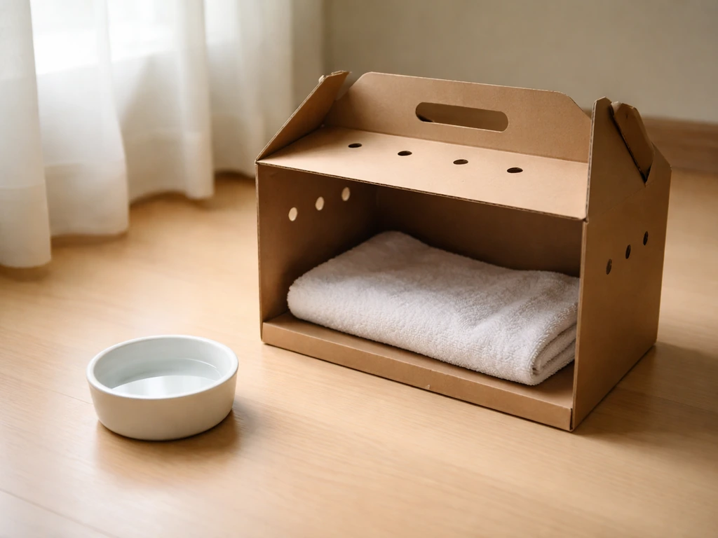 Small cardboard pet carrier set on a quiet floor with a clean towel inside, ready for a temporary wildlife enclosure