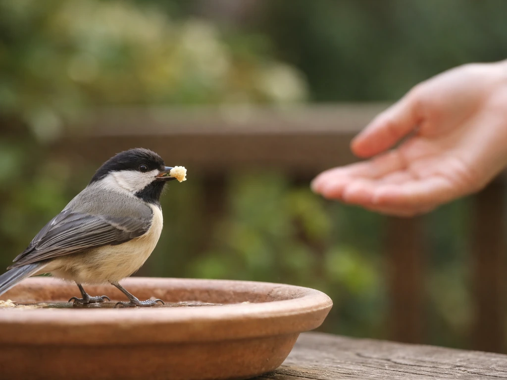 A small wild bird takes food from a dish while a human hand stays at a safe distance.