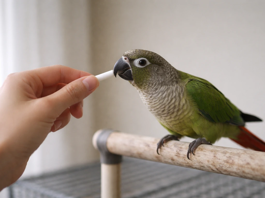 A person’s hand holds a small target near a pet bird as the bird gently touches it for a reward