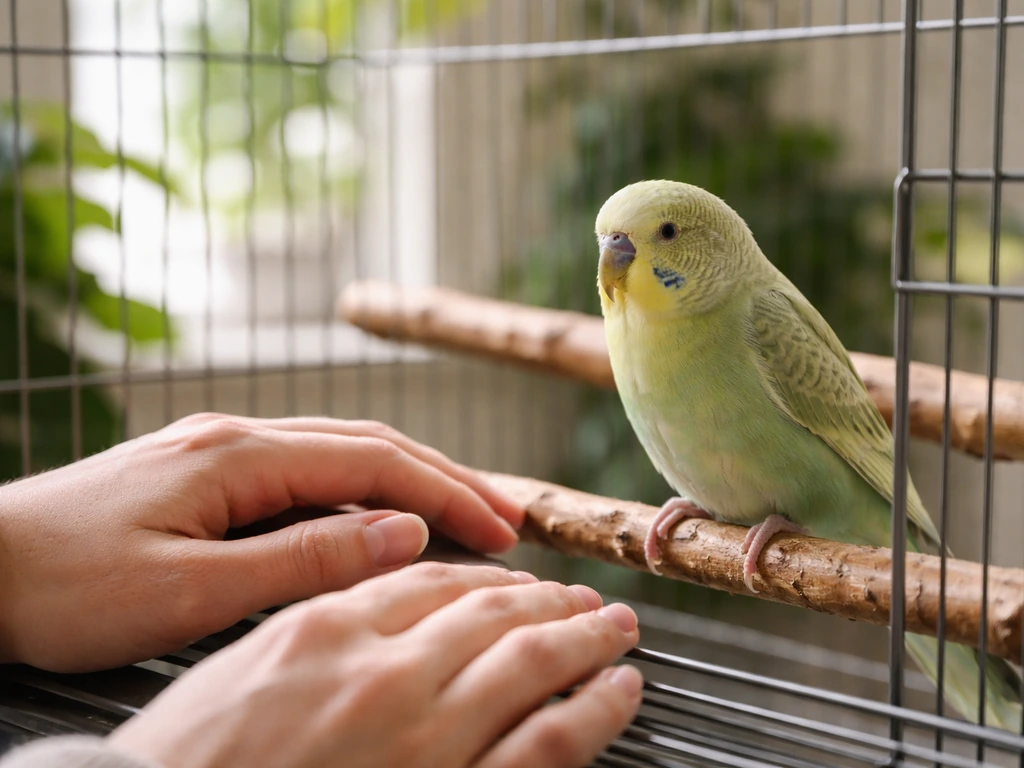 Owner observing an attentive pet bird in a home enclosure, focusing on posture and breathing
