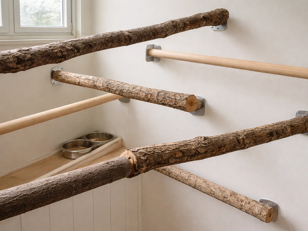 An indoor bird enclosure with several wooden perches of different diameters for foot-position variety.