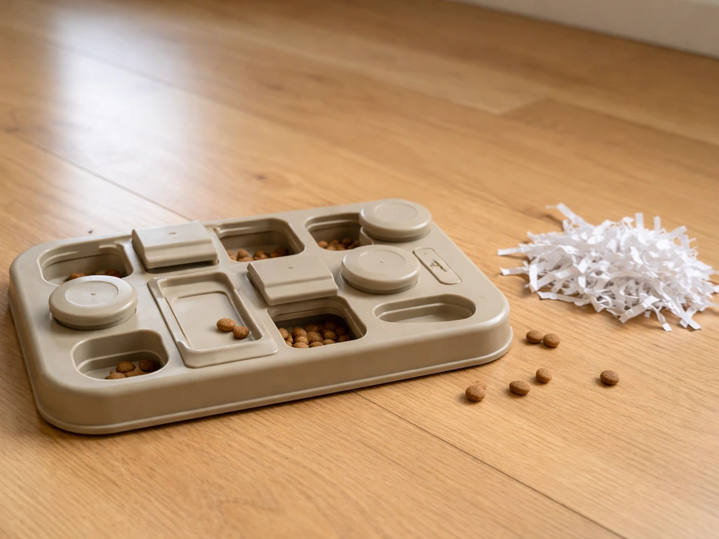 An empty puzzle feeder on the floor with scattered kibble and shredded paper for a foraging setup.