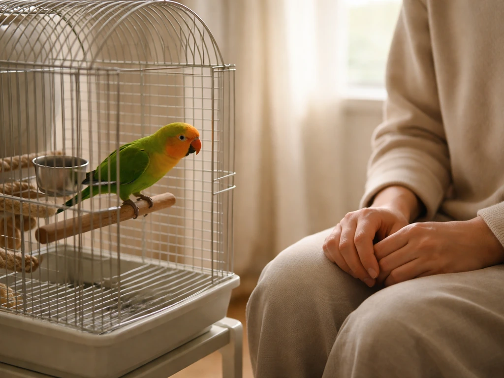 Person sits calmly beside a parrot’s cage as the bird approaches and observes at close range.
