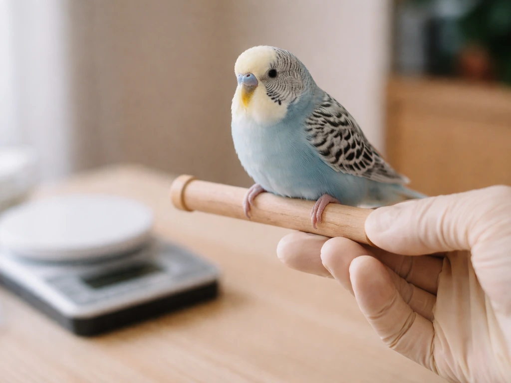 A small pet bird calmly perched as a hand gently supports it for a non-stress measurement.