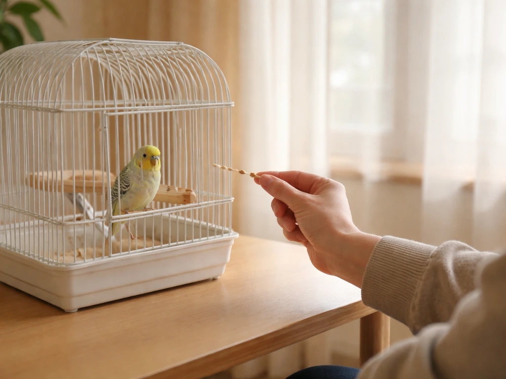 Person at safe distance from a pet bird cage, hand holding a treat to build trust calmly