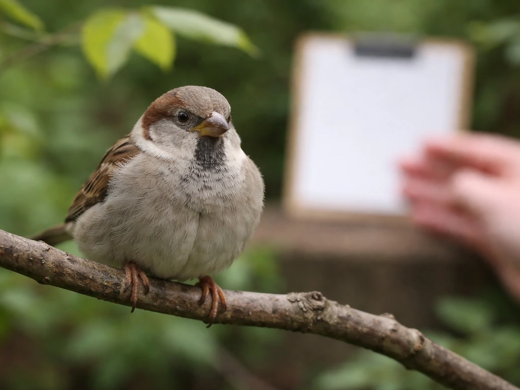 Small backyard sparrow on a branch with fluffed, relaxed feathers while a hand stays still nearby.