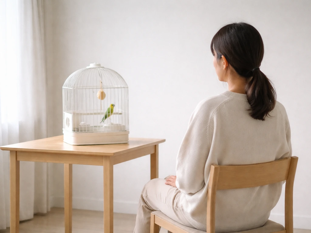 Calm person seated at a comfortable distance beside a bird cage with a relaxed pet bird.