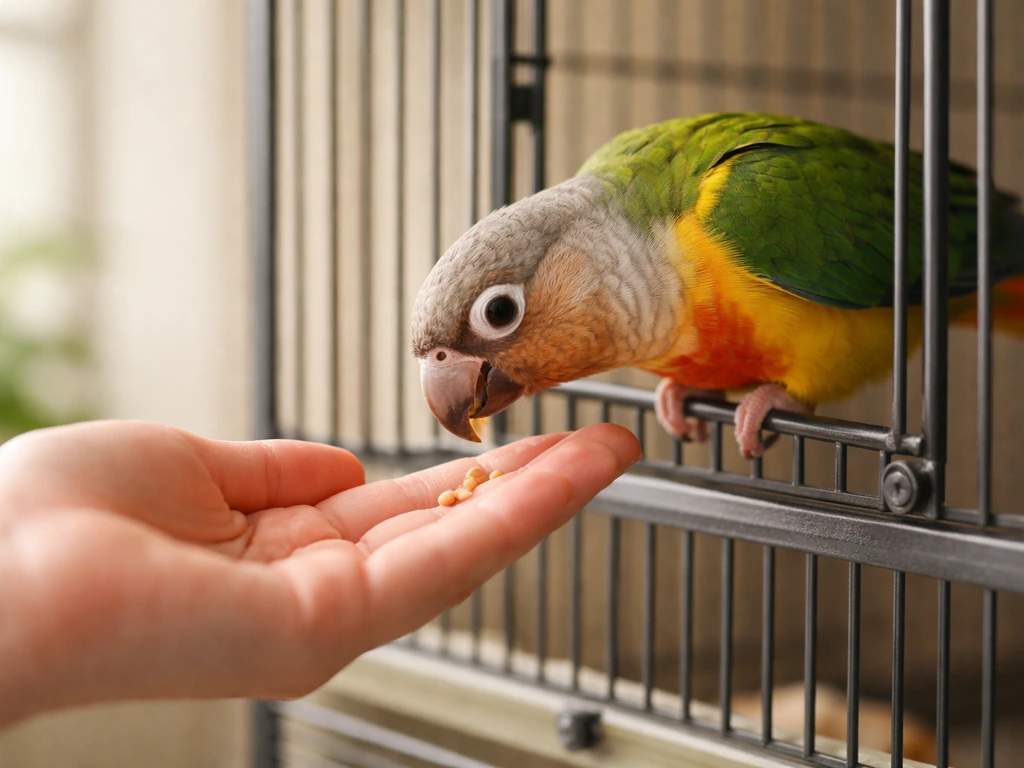 A parrot in its cage leans toward an open hand to take a treat.
