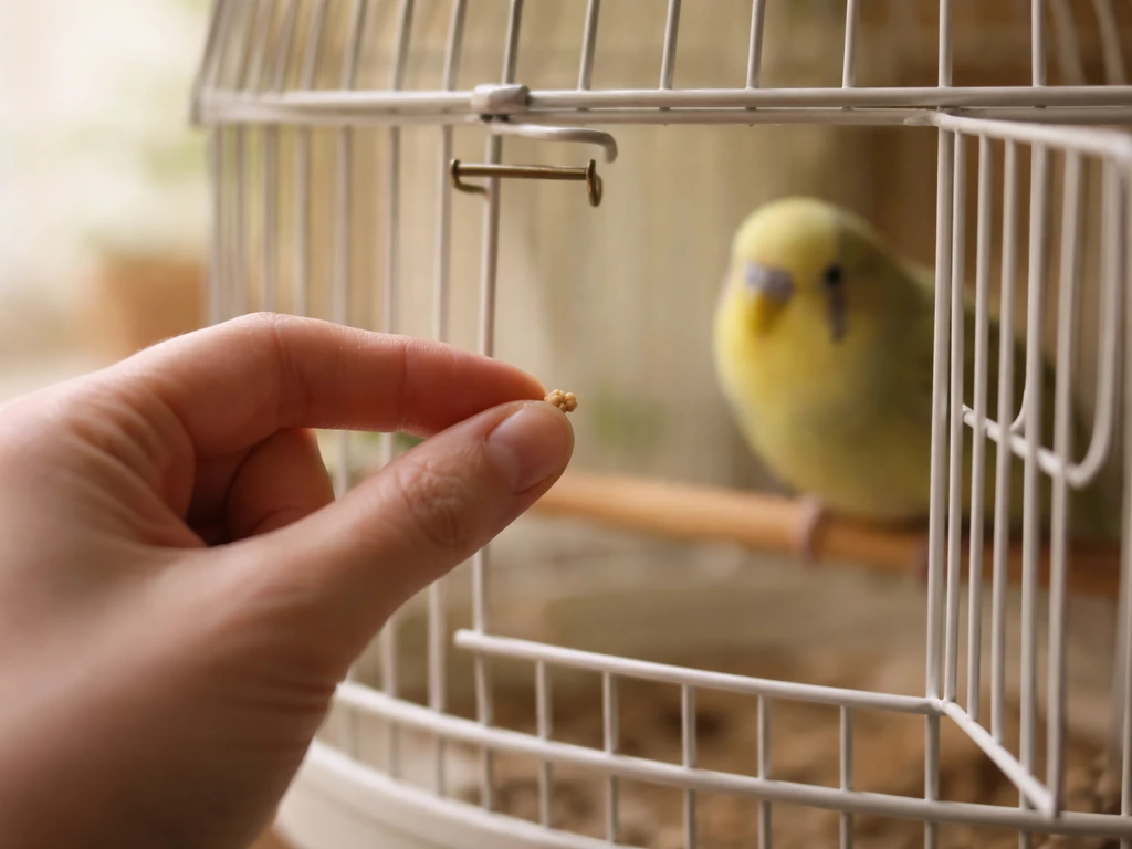 A calm hand offers a small treat near a birdcage, suggesting gentle, stress-free handling.