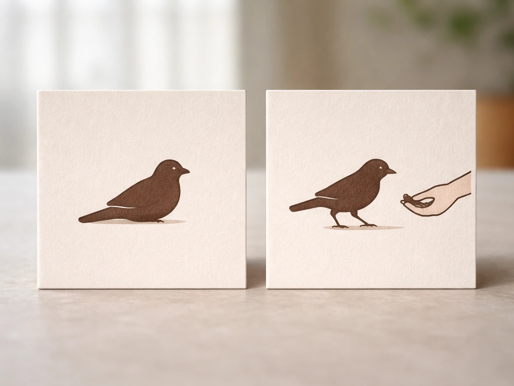 Two side-by-side cards with bird goal icons: calm presence on the left, step-up/treat on the right.
