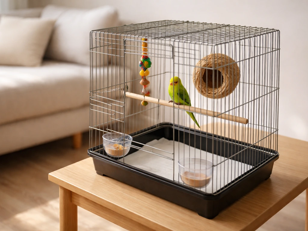 A small pet-bird cage in a quiet living-room corner with a stable perch and open hand-access space.