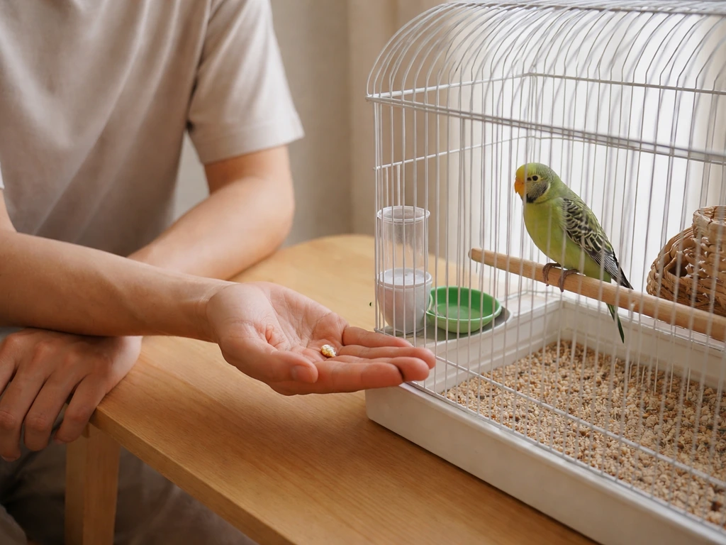 Person sits calmly beside a bird cage with a still hand holding a treat as the bird watches.