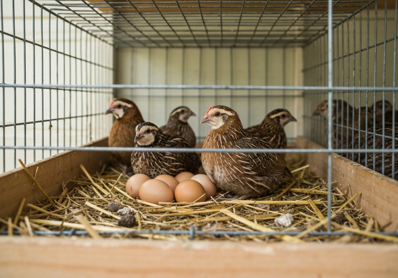 Coturnix quail pair near eggs in a clean wire breeding cage with nesting material.