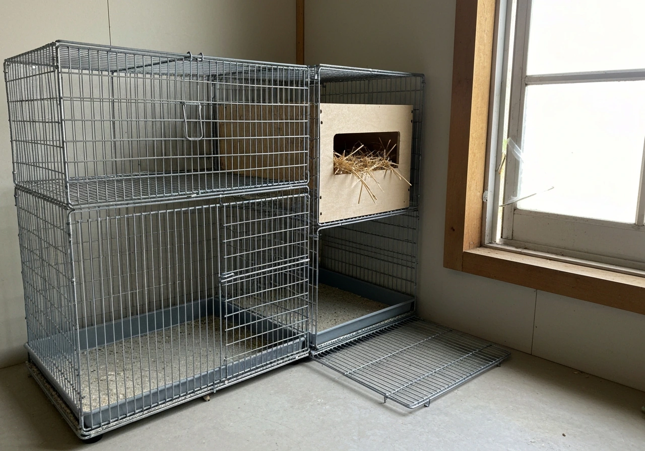 Wire-bottom quail breeding cage with a straw nesting area and clear ventilation in a simple clean space.