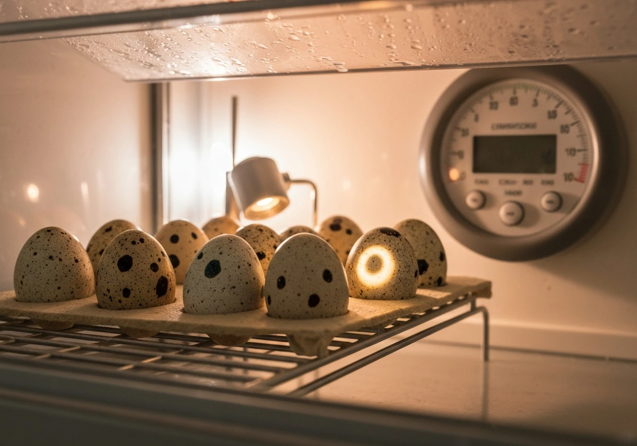 Close-up of quail eggs in an incubator with an anonymous temperature-humidity gauge and a candling light setup.