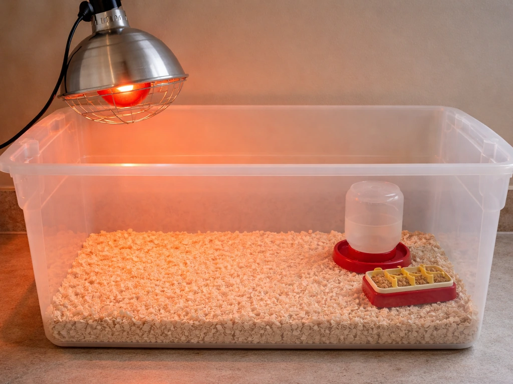 Warm chick brooder with heat lamp on one side and textured bedding for safe footing and water/feeder placement.