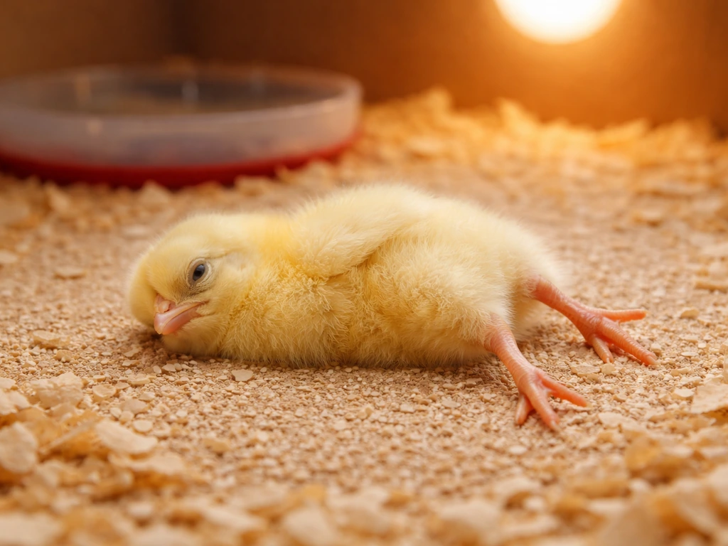 Newly hatched chick with splayed legs on textured, warm brooding bedding in a safe brooder setup
