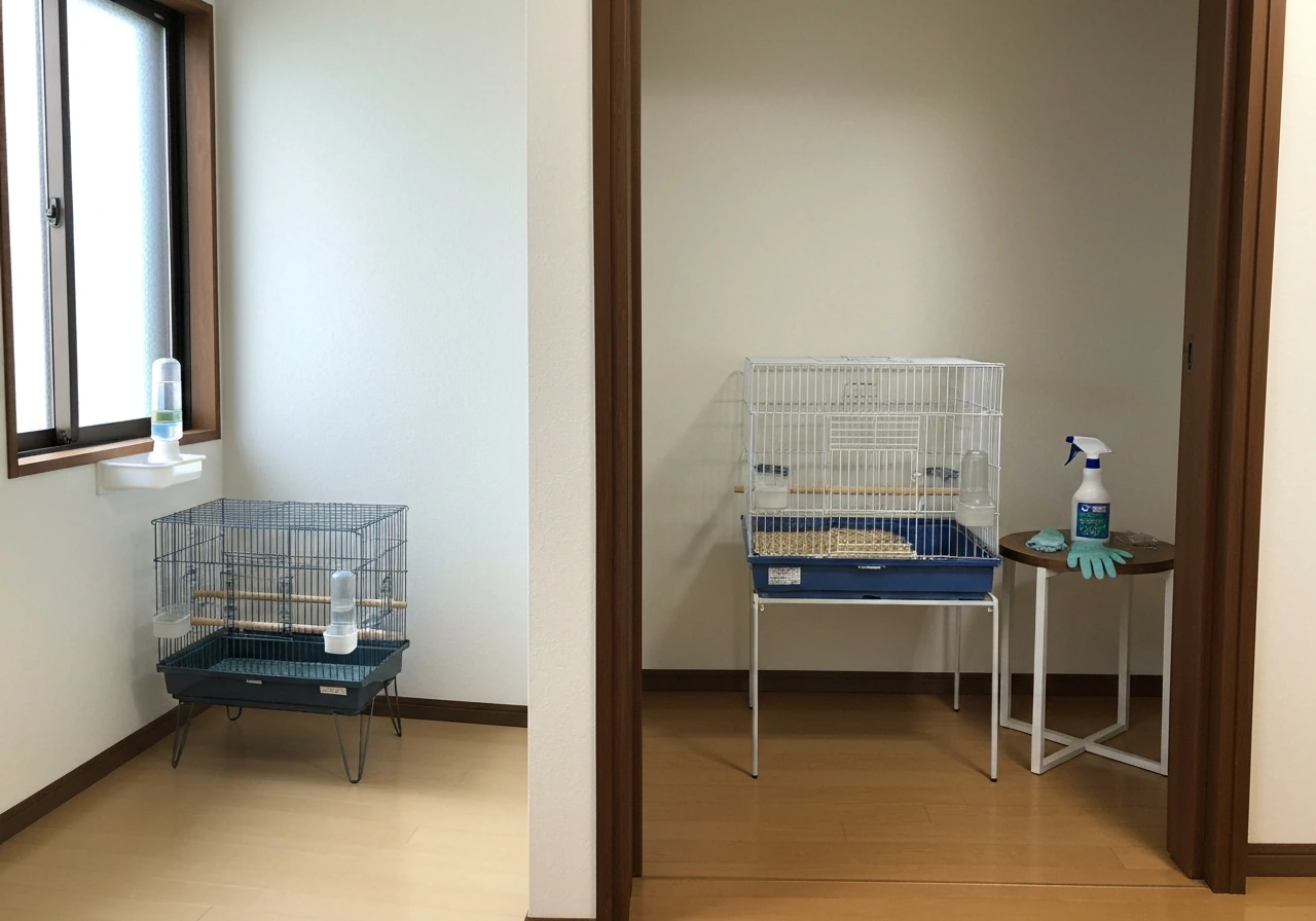 Two empty-room bird cages separated in different rooms with hygiene-focused setup for quarantine and vet checks.