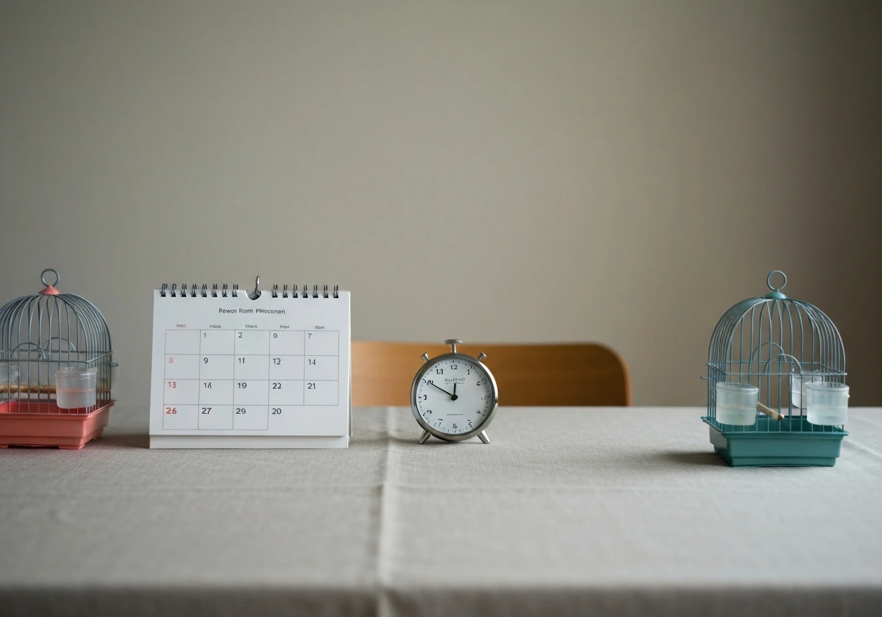 Minimal photo of a calendar page beside two small bird cages and a phone timer, suggesting a phased introduction timelin