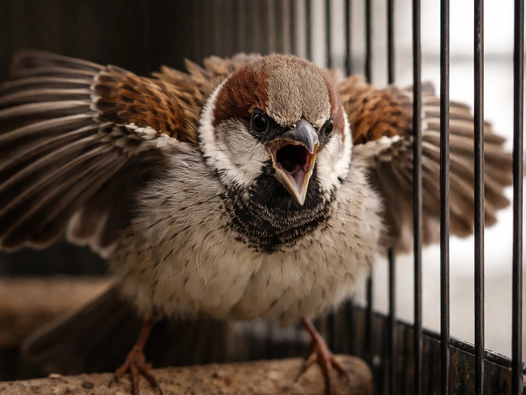 Close-up of a small caged bird holding wings out and puffing feathers near the bars