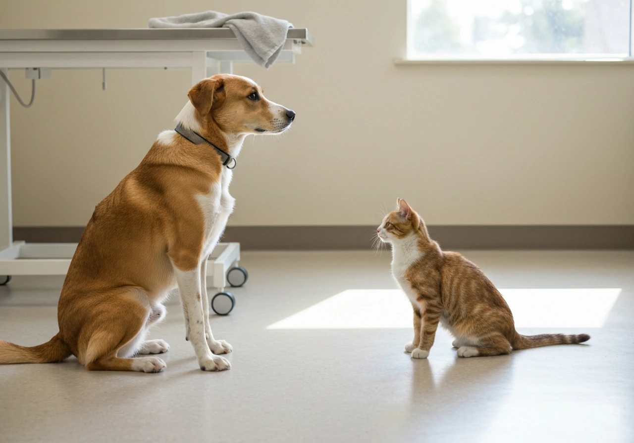 Minimal photo of a dog and a cat being gently introduced with a veterinarian-style exam room background.