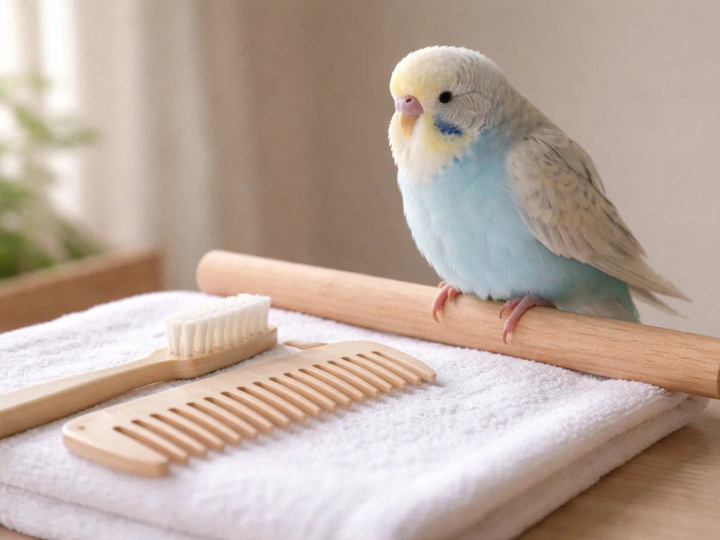 Close-up of a calm bird on a perch with a soft toothbrush and wide-toothed comb nearby for gentle grooming.