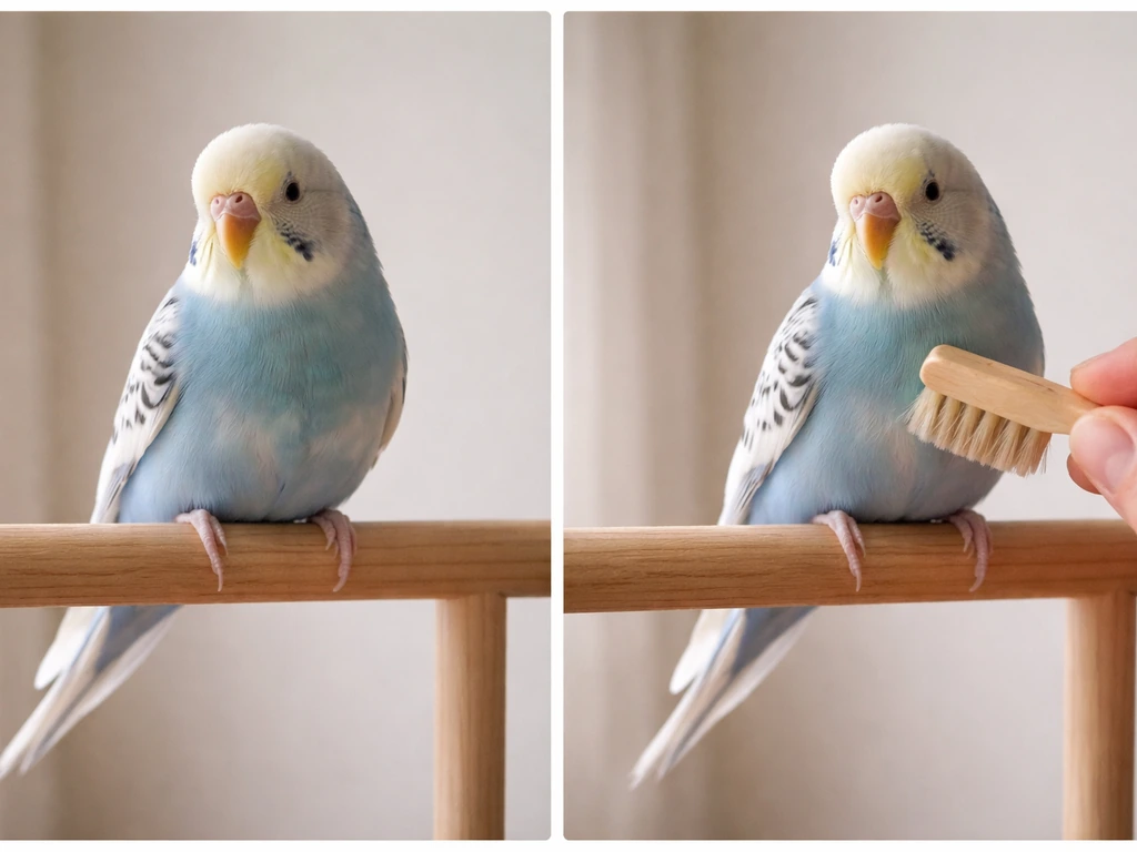Two small birds in a calm room: one left untouched, the other gently brushed with intact feathers.
