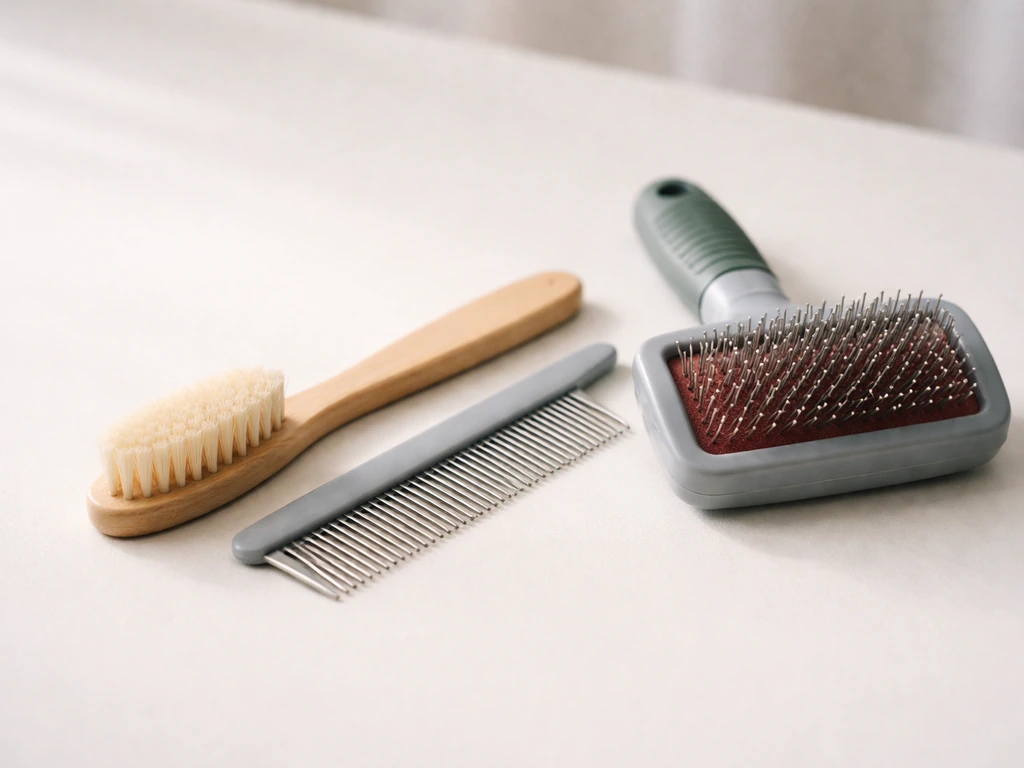 Soft natural-bristle toothbrush and wide-toothed comb beside a harsh stiff brush for parrot grooming.