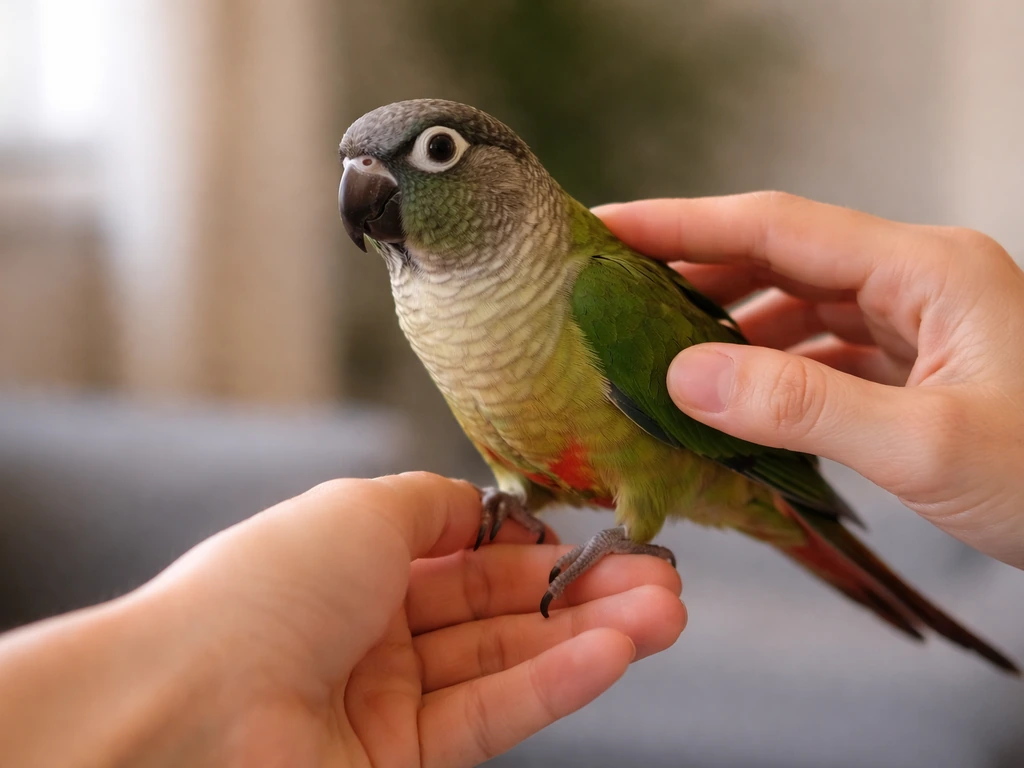 Pet parrot stepping onto a person’s hand at eye level as a gentle side brush is done