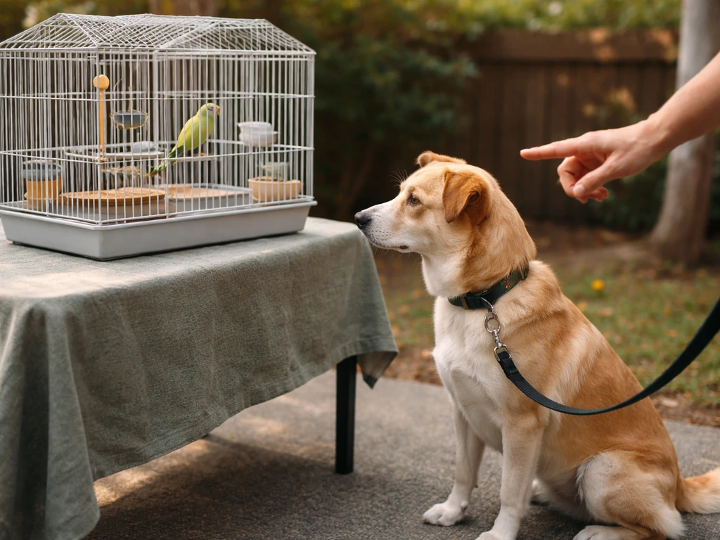 Calm leashed dog faces a bird behind a safe barrier as a trainer’s cue hand waits.