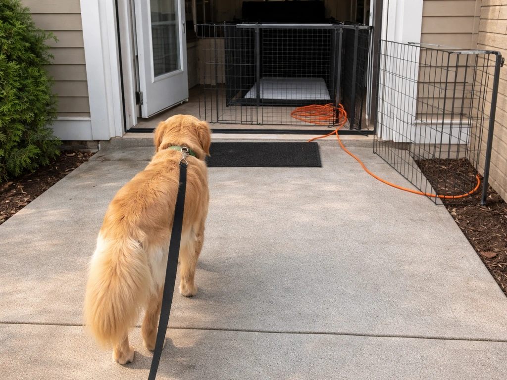 Non-retractable leash on a dog during a walk with crate/gate safety barrier visible behind.