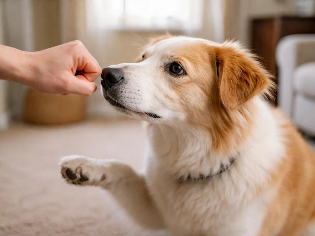 Dog pauses and looks away while handler holds a closed fist near its nose during “leave it” training.