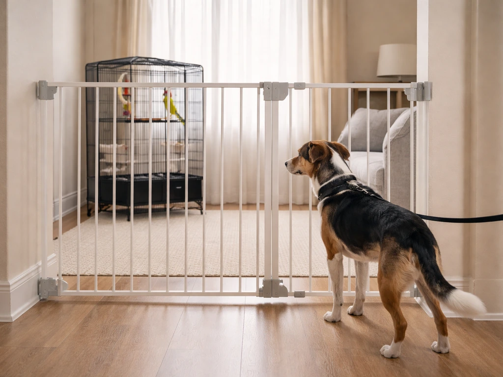 Pet bird inside a secure cage behind a baby gate while a leashed dog stays safely at a distance.