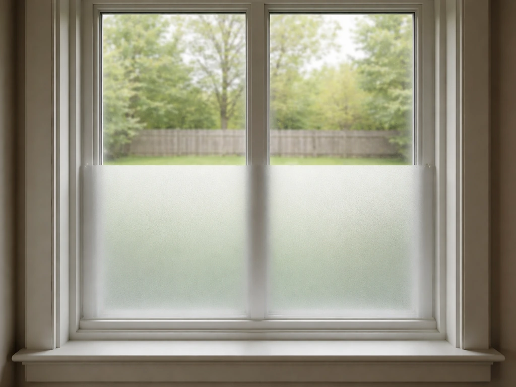 Home window with frosted film and a tidy yard, suggesting blocked sightlines to reduce dog fence-running.