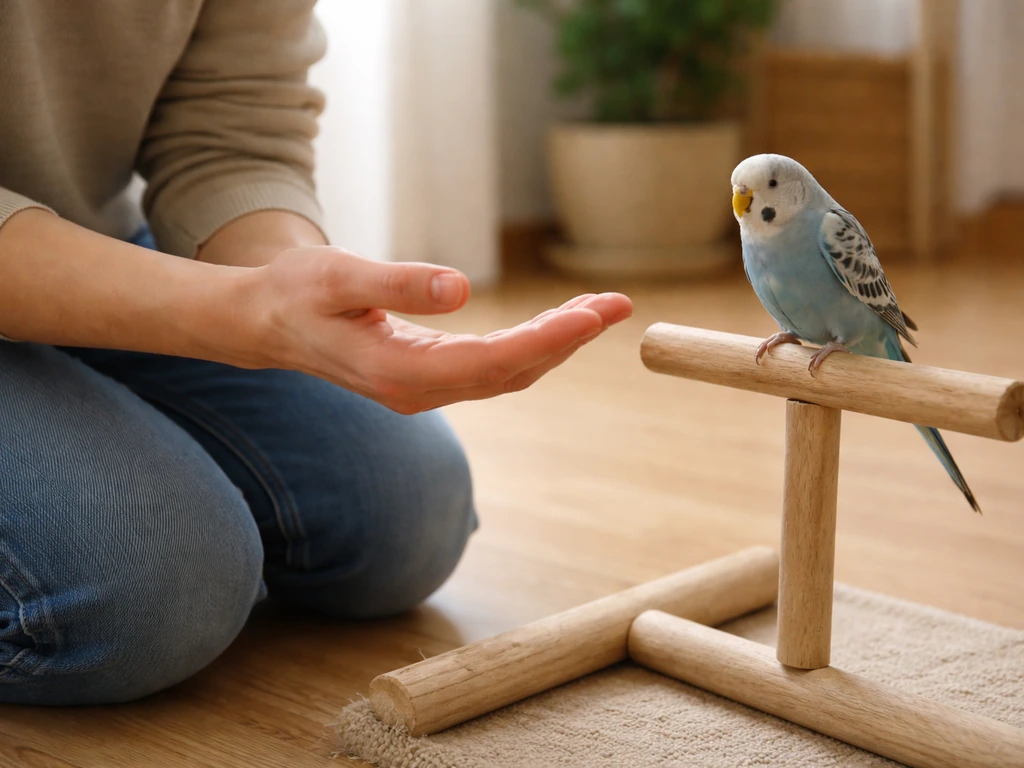 Person kneeling calmly near a perch as a small pet bird approaches in a trusting interaction.