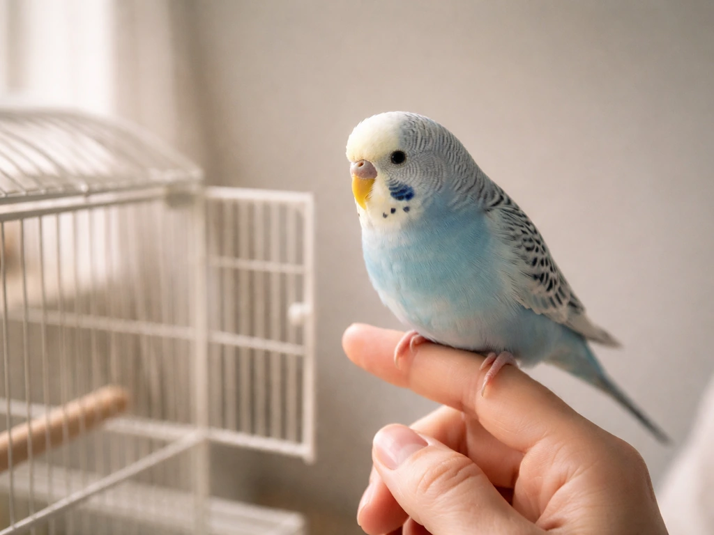 A budgie gently perches on a finger during a calm bonding routine near an open cage door.