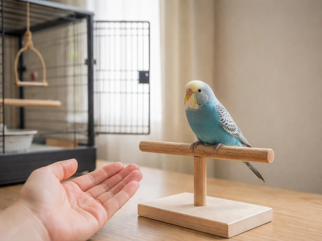 Calm parakeet on a natural perch with an open cage and a relaxed hand nearby for step-up trust.