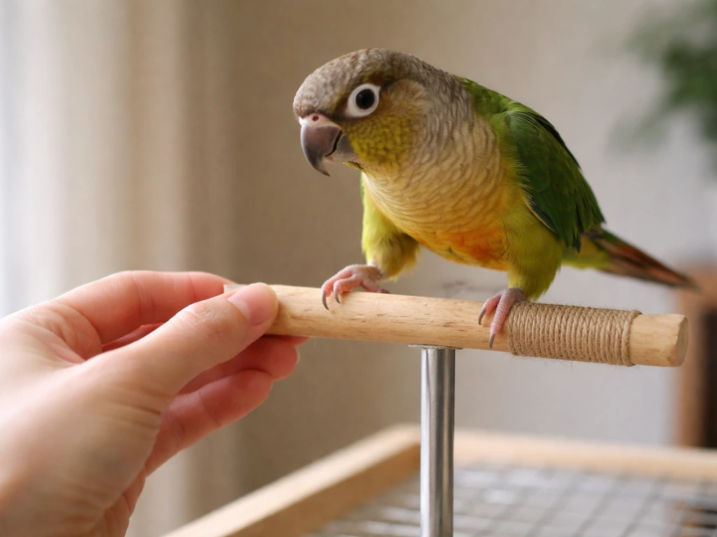 Close-up of a hand offering a small wooden perch; a small bird steps forward in stages at safe height.
