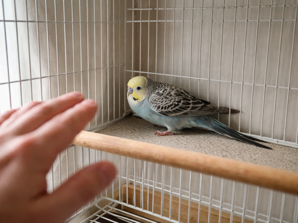 Close-up of a small pet bird cowering in its cage corner, keep-away distance emphasized