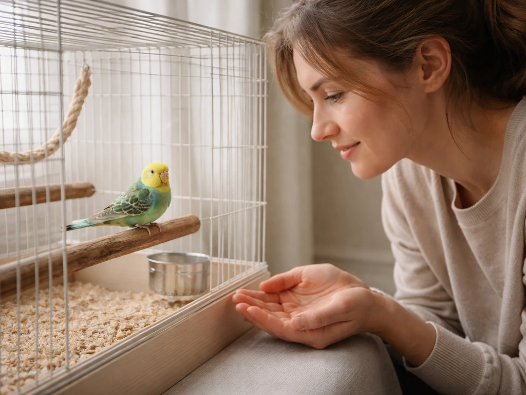 Calm person seated by a small bird enclosure, with a relaxed bird perched trustfully nearby.