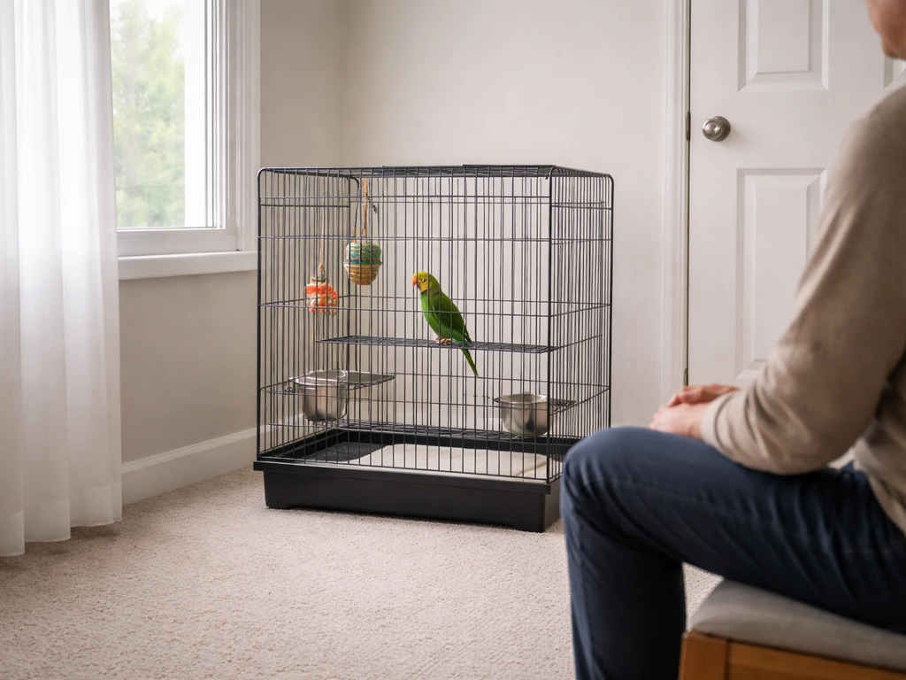 Adult seated near a secured bird cage by closed door/window; calm, safe indoor setup, ceiling fan off.