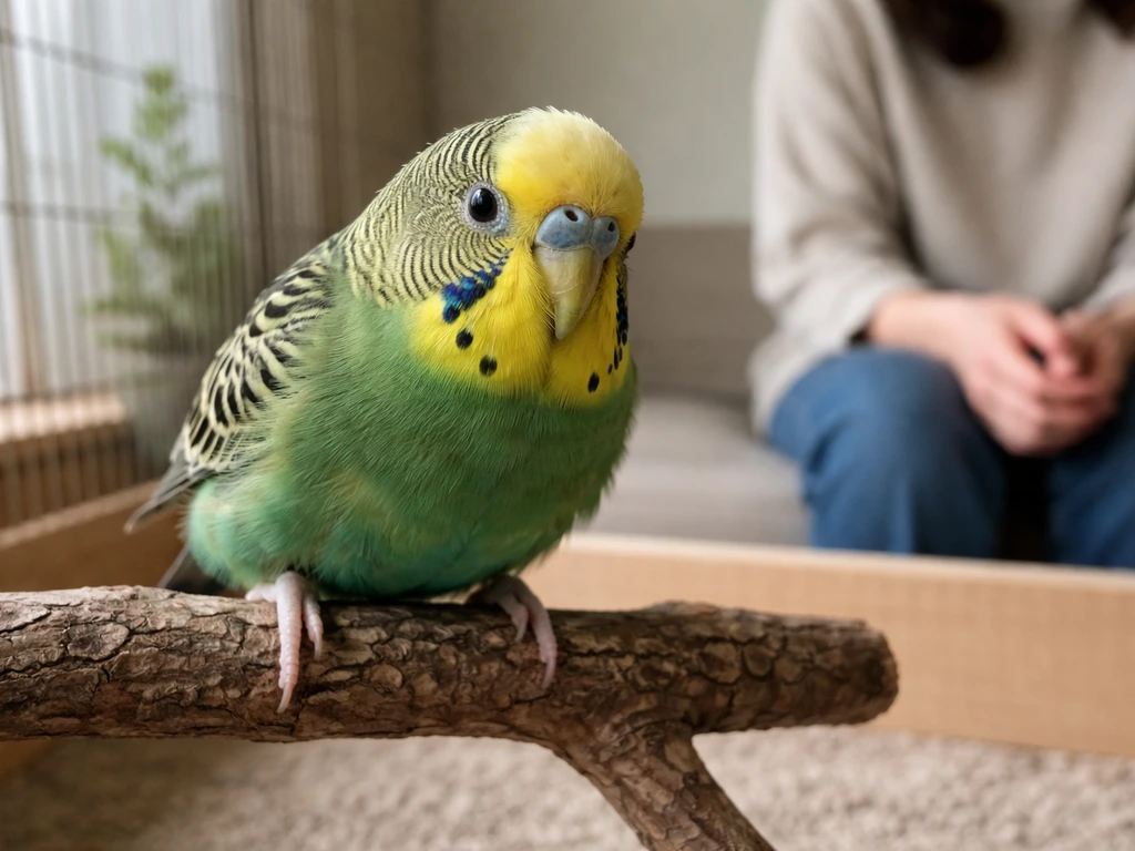 Close view of a calm pet bird with wide eyes, handler seated nearby at respectful distance