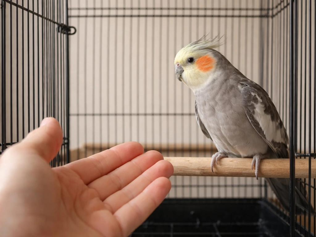 A cautious bird leans back from a slow, angled hand offering a perch near its cage.