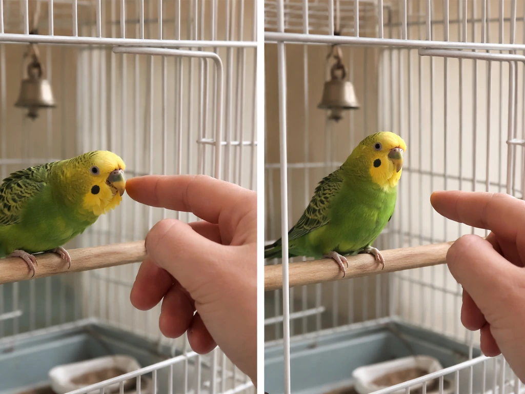 Two-panel photo of a pet bird: tense biting when a hand reaches in fast, calm when hand stays back.