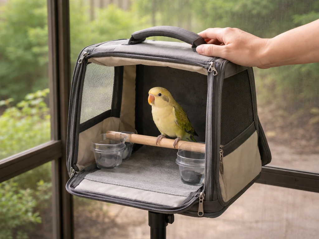 Calm small pet bird in an open travel carrier on a quiet screened patio as a handler stays nearby