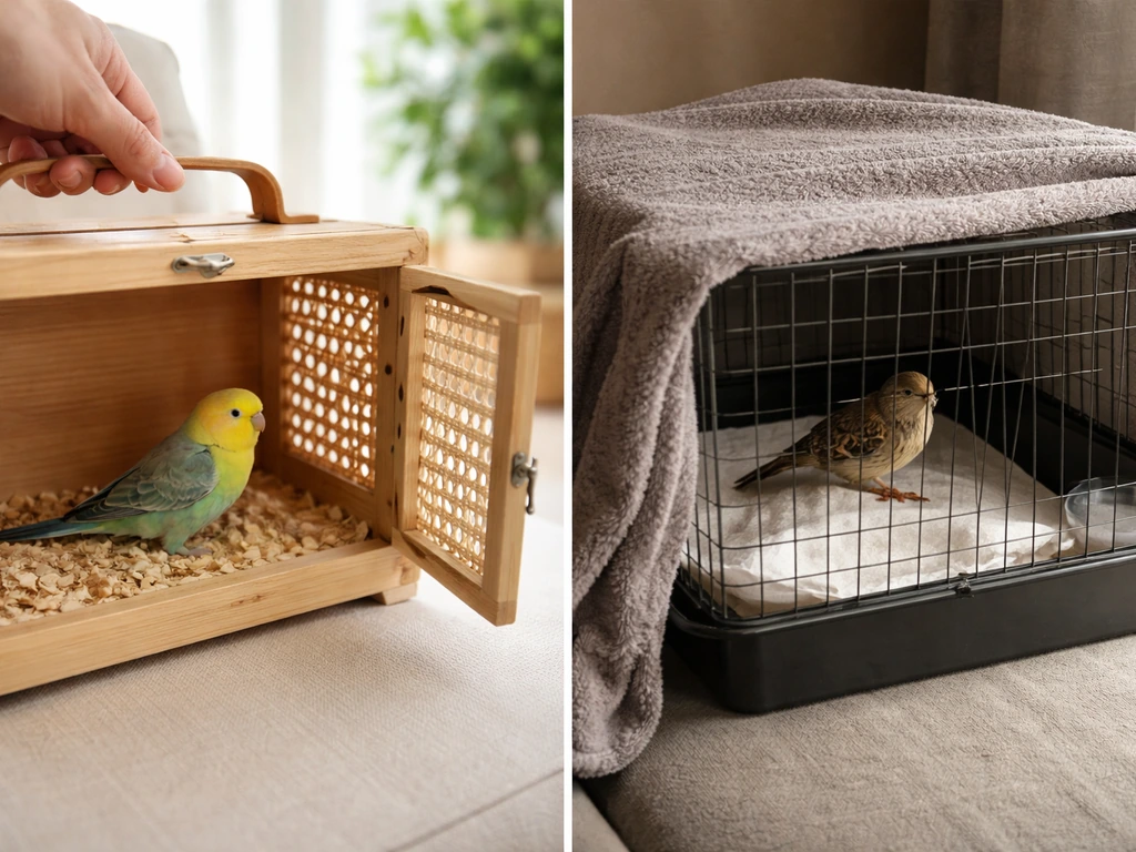 Split-style side-by-side scene: a pet bird returning to a carrier indoors vs a quiet rehab setup with a caged wild bird