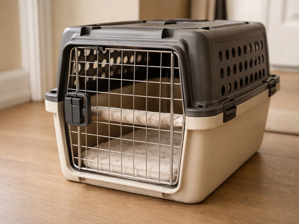 Secure pet bird travel carrier with latch, ventilation holes, and perch/liner ready indoors.