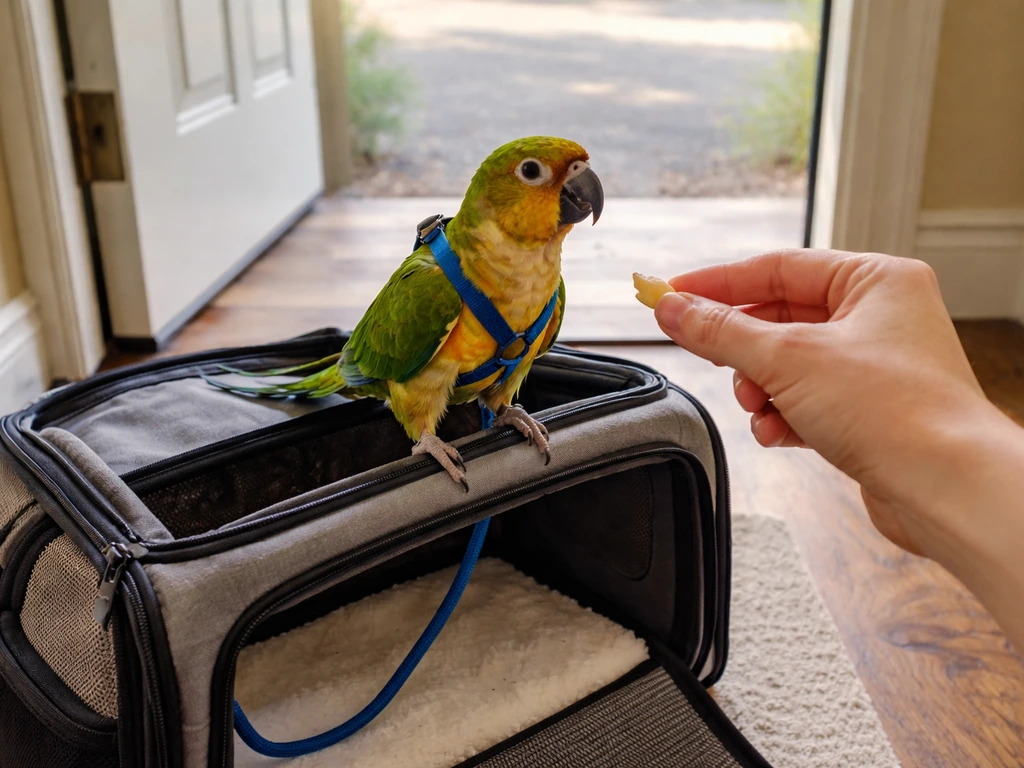 Harness-trained parrot perched at an open entry doorway with a hand offering a treat to return indoors.