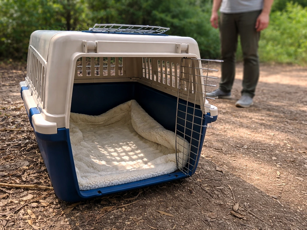 Open pet bird carrier on the ground with a darker corner creating a hiding spot, calm distance handler nearby